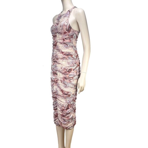 EDIT‎ BY NINE Ruched Bodycon Candy Pink Tulle Stretch Print Midi Dress S - Picture 10 of 16